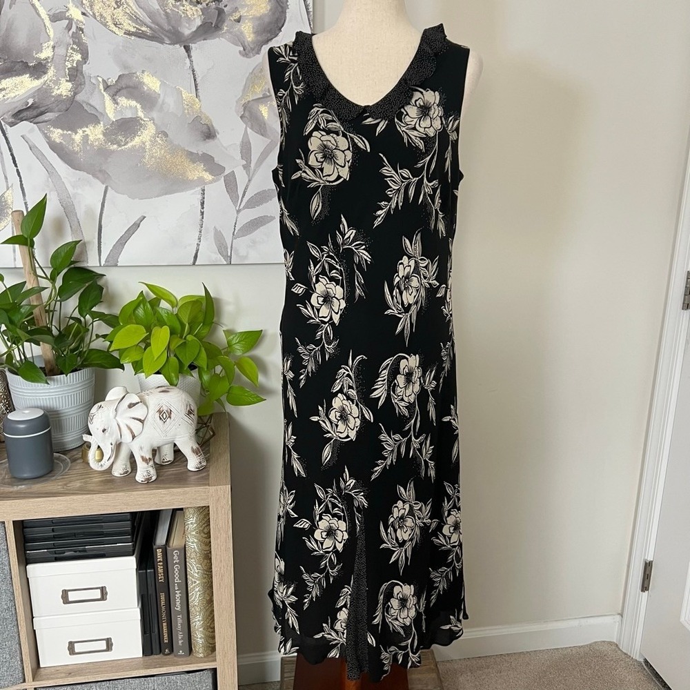Black Floral Midi‎ Dress 100% Silk Ruffle Neck Boho Romantic Goth Sleeveless